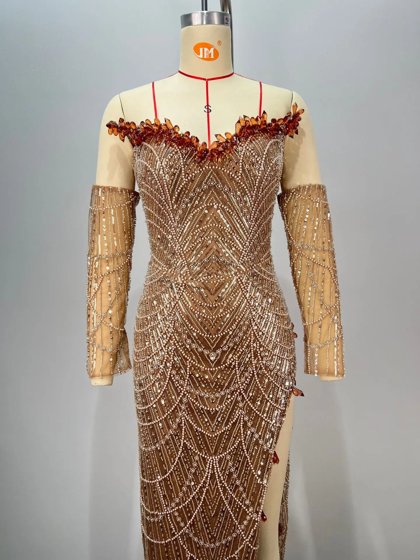 Fashion Women champagne Gold Sequins studded Beads Sexy High Slit