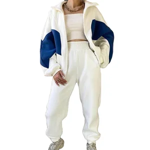 Fashion Women Contrast Color Full Zipper Hoodie and Jogger 2 Piece Set Tracksuit