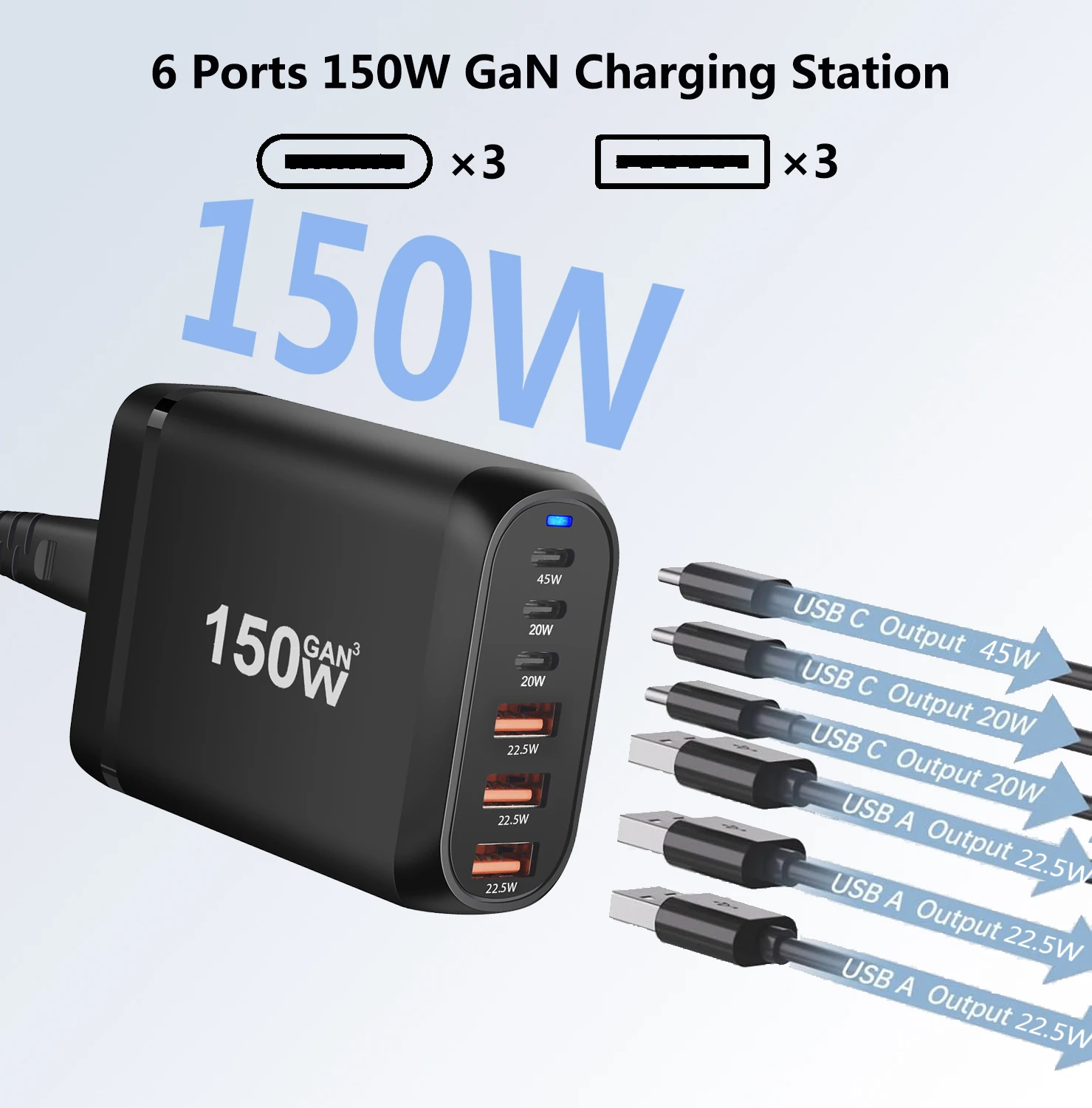 150W GaN 3 C型和3USB-A PD快速充电器适配器,适用于iPhone 15/16/17台式机