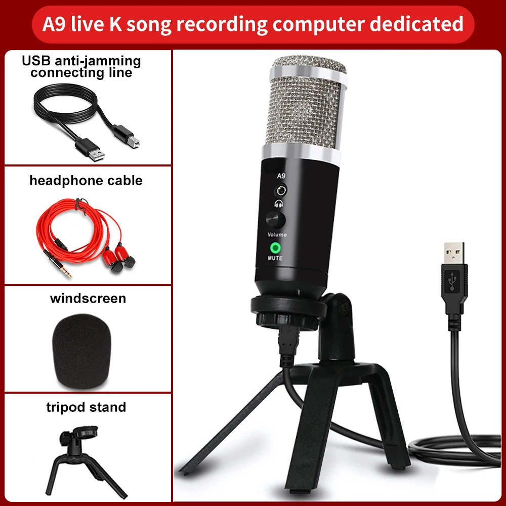 Biner A9 Professional Tabletop Metal Voice Recording Usb Condenser Studio  Microphones PC Microphone Podcast Recording Gaming Mic