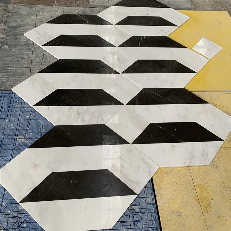 Lantai Inlay Marmar Kuasa Jet Air Batu Mewah, Reka Bentuk Moden Jubin Marmar Melengkung, Medalion Segi Empat Jet Air