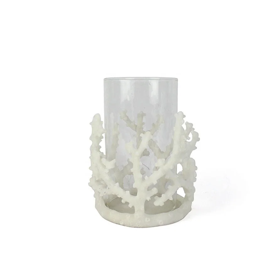 portavelas de resina blanca de coral con vaso decorativo de cúpula de vidrio