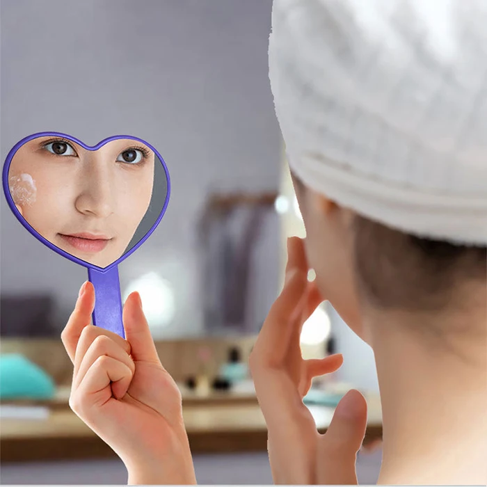 Plastic Heart Shaped Travel Handheld Cosmetic Mirror with Handle Custom Logo