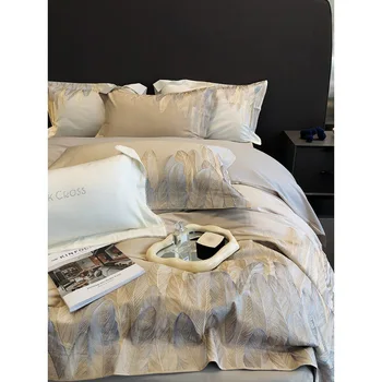 High-End Light Luxury Modern Plant Embroidered Quilt Cover Bedding Set Four Seasons Heavy-Duty Feather Long-Staple Pure Cotton
