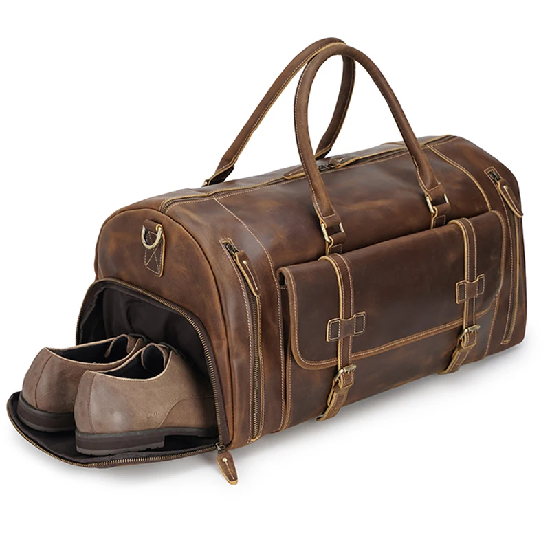 TIDING Drop Shipping Weekender Overnight Holdall Real Leather Travel Duffel Bag With Shoes Compartment