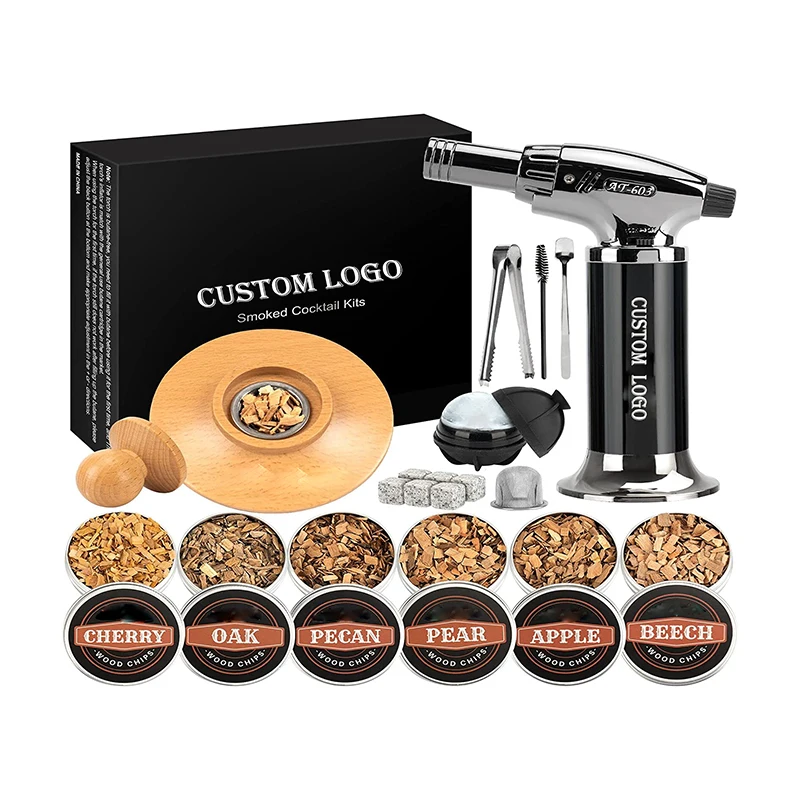 Bartending Cocktail Smoker Kit Set With Torch and 6 Kind of Wood Chips Wooden Box for Whiskey Cocktail Smoker