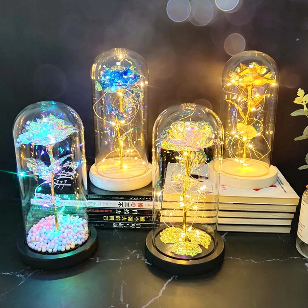 Shining 24k Golden Colorful Rose LED Light String on the Colorful Gold Foil Flowers Rose in Glass Dome