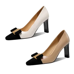 Women's Fashion Trend Mid-Heel Pumps Square Toe Dress Shoes with Bow Ornament and Color Block Design for Summer Office Wear