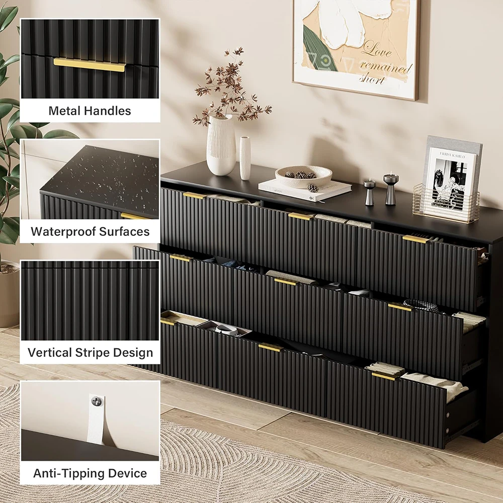 product black wood modern dresser 9 drawers smooth slides wide chest golden handles bedroom living room closet-3
