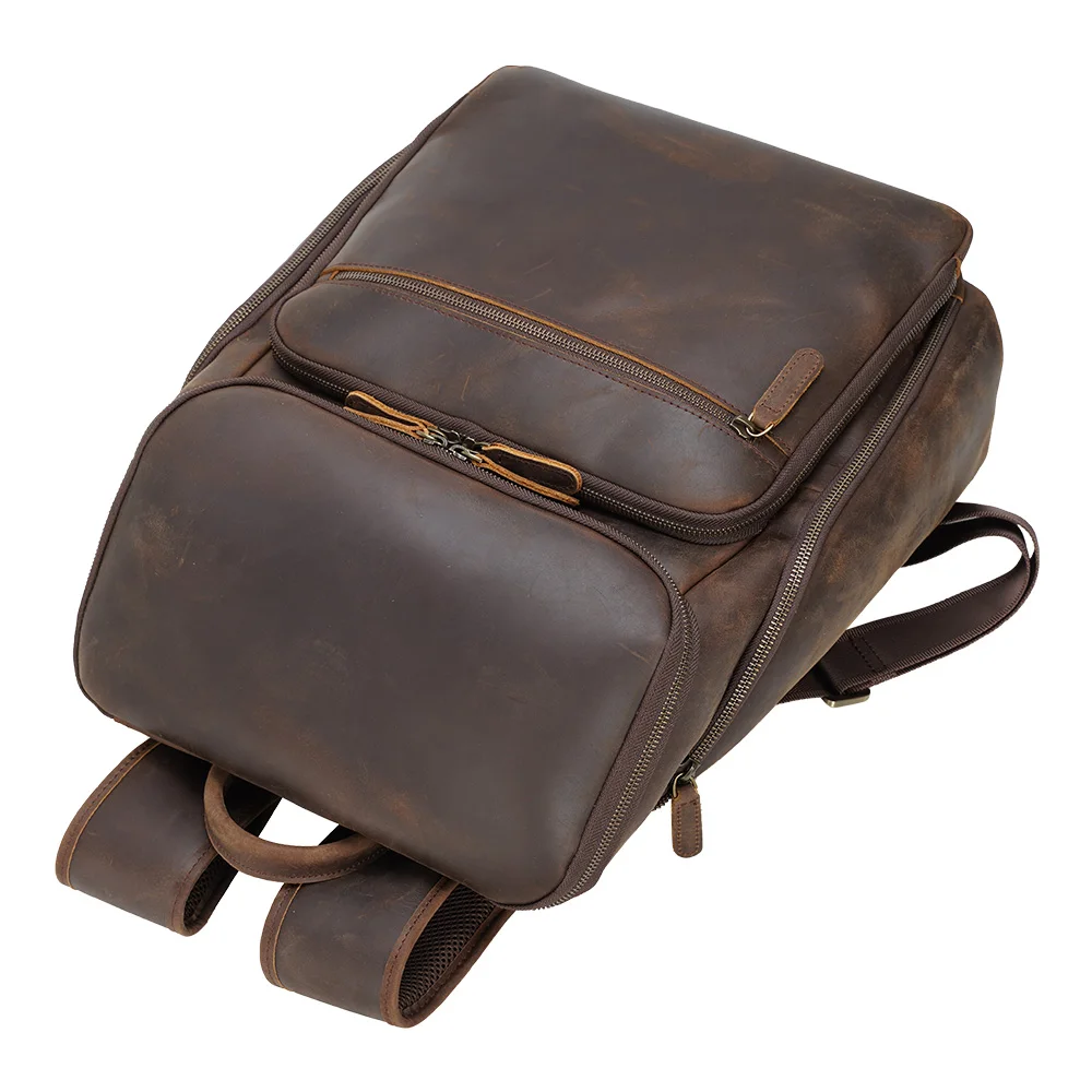 High Quality Classic Design Dark Brown Male Genuine Leather Back Pack Bag 15.6 Inch Laptop Backpack Bag
