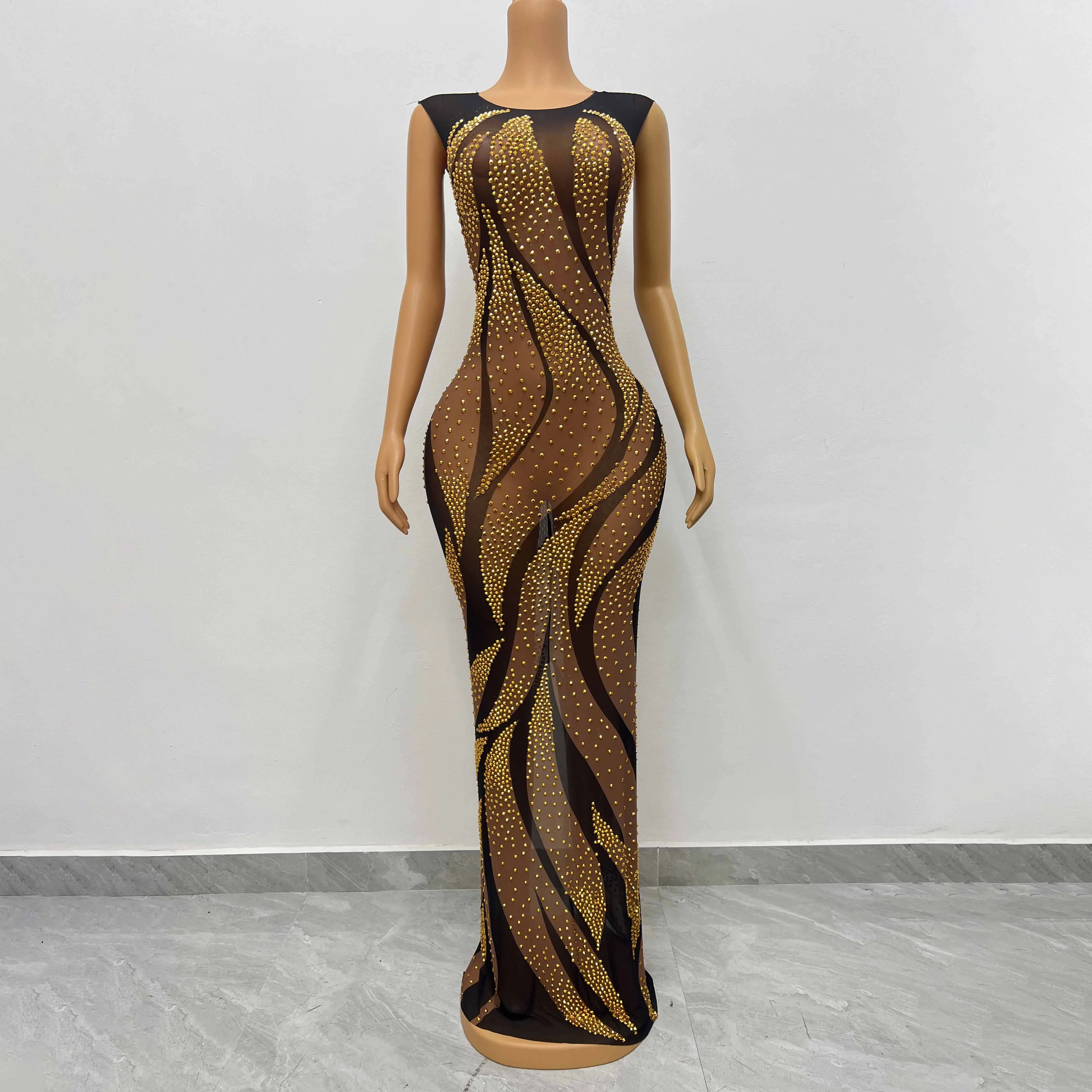Party Dress Shiny Diamonds Elegant Sleeveless Long Gown Evening Dress Gold  Robe for Dinner Party Prom| Alibaba.com