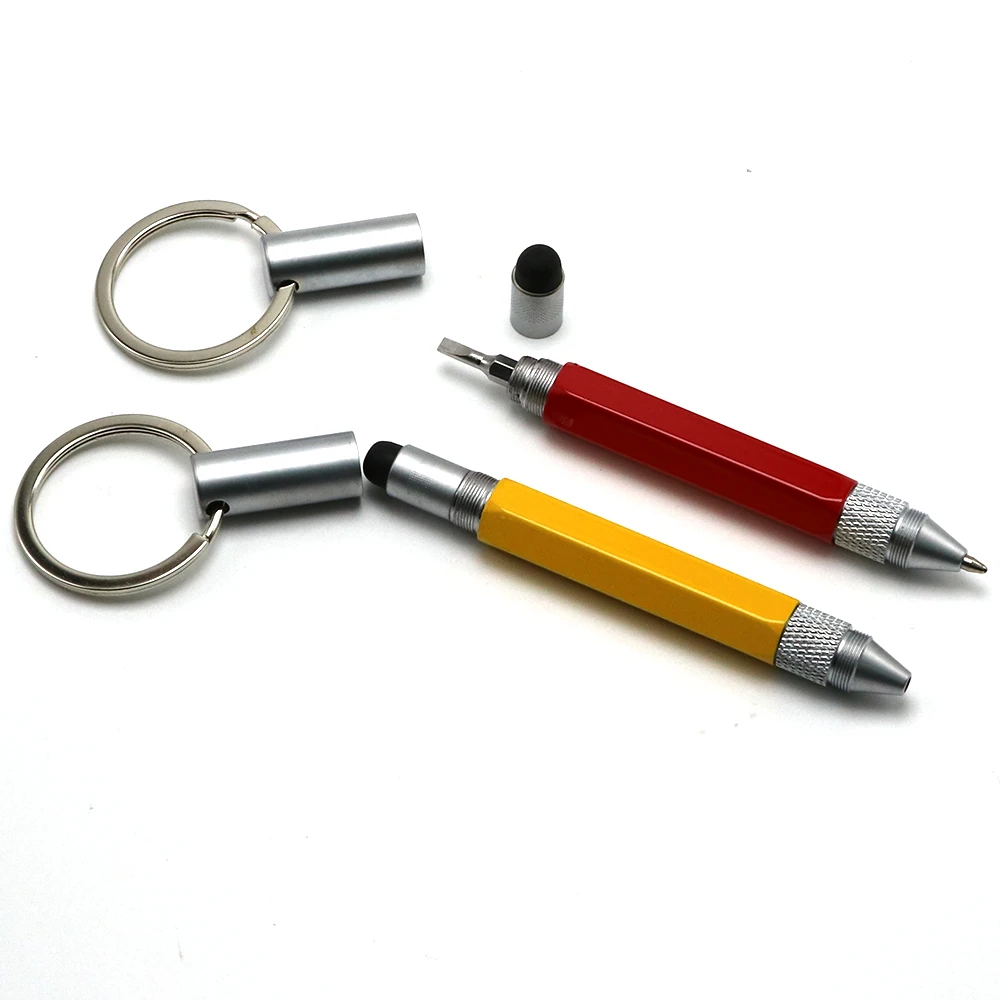 Multi Function Ball Pen 6 in 1 Tool Screwdriver Ruler Mini Metal Ballpoint Pen with Keychain
