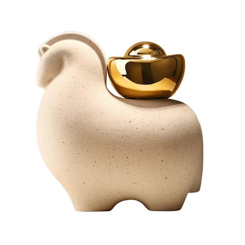 Pig Figurine with Golden Apple Matte Speckled Finish Modern Minimalist Home Decor Living Room Bedroom Shelf Accent