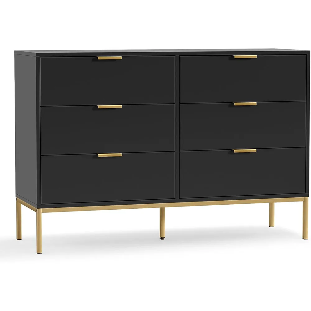 Comoda Moderna de 6 Cajones con Manijas Doradas Negro Madera Armario de Almacenamiento para Dormitorio y Sala de Estar