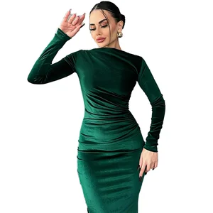 Customize Winter Women's Velvet Translucent Elegant Dress Fashion Long Sleeve Solid Slim Pleated Casual Party Club Dropshipping