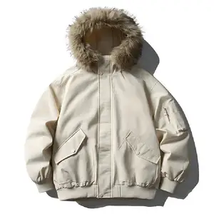 Wholesale Fashion Puffy Leather Coat with Fur Hood Warm Down Jacket Windproof Foam Coat