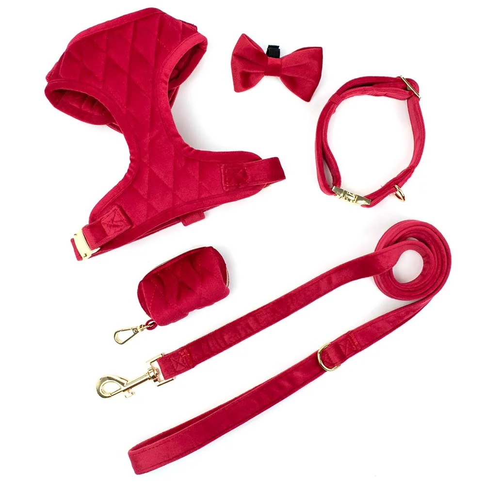 Personalized Design Dog Harness Matching Dog Collar Metal Buckle Leash Manufacturers Pet Bandana Bowknot Poop Bag Dispenser