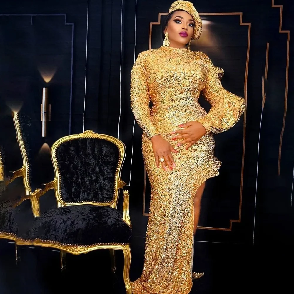 gold evening dress with long sleeves Dressime V Neck Beading Gold Long Sleeve Wedding Dress – dressime main image 1