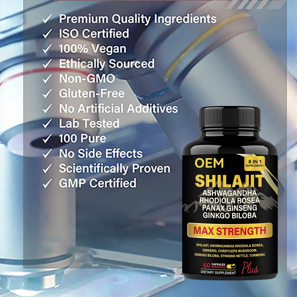 OEM 8-In-1 Shilajit Pure Himalayan Organic Supplement Capsules Adult Energy Boost Rhodiola Rosea Ashwagandha Gingko Biloba
