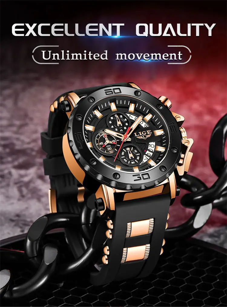 LIGE LG8987 High Quality ODM Male Quartz Watch Latest Silicone Steel Band Luminous Chronograph Calendar Business Wrist Watch