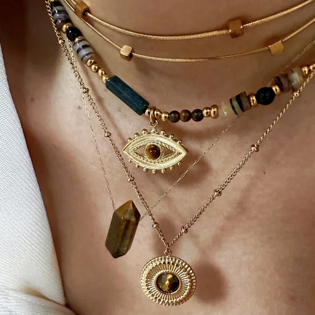Vintage Tiger Eye Natural Stone Pendant Necklace Hot Sale Bohemian Autumn Jewelry Stainless Steel Choker Necklace