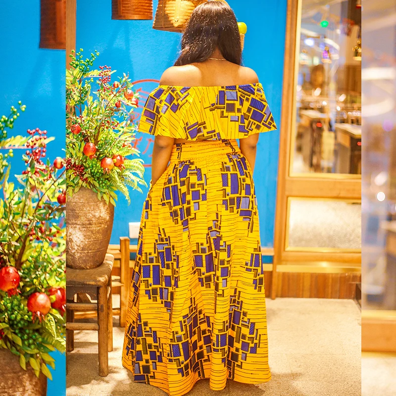 Tenue Traditionnelle Africaine Ankara Pour Femme - Haut Et Jupe Noir Multicolore Manches Courtes - Neuf