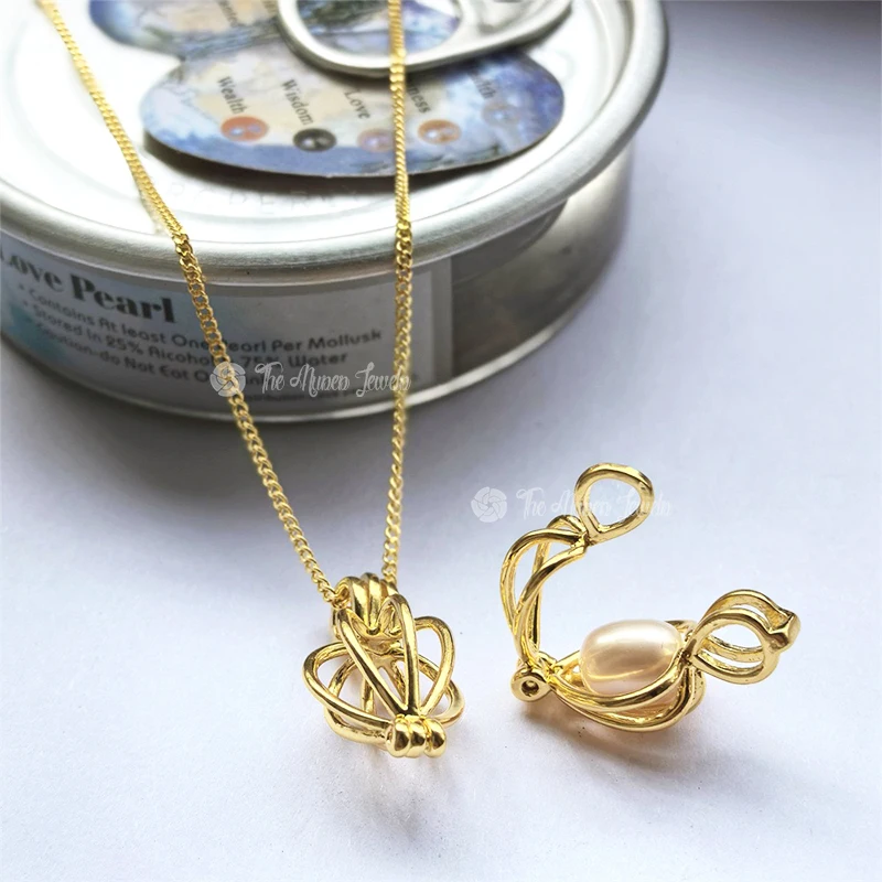 Wholesale Wish Oyster Pearl Necklace Golden Cage Pendant Set