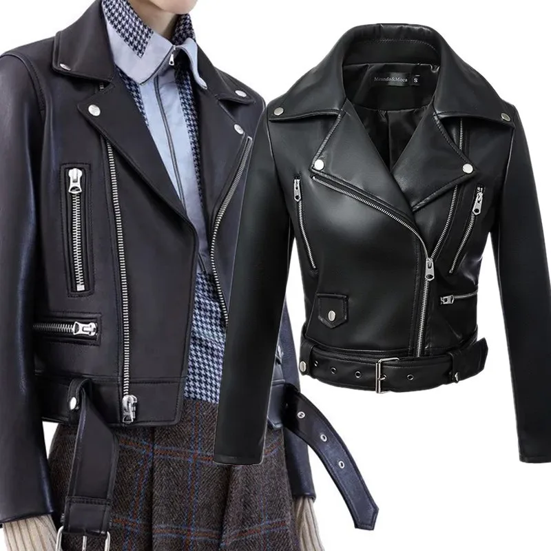 Women Autumn Winter Black Faux Leather Jackets Zipper Basic Coat Turn ...