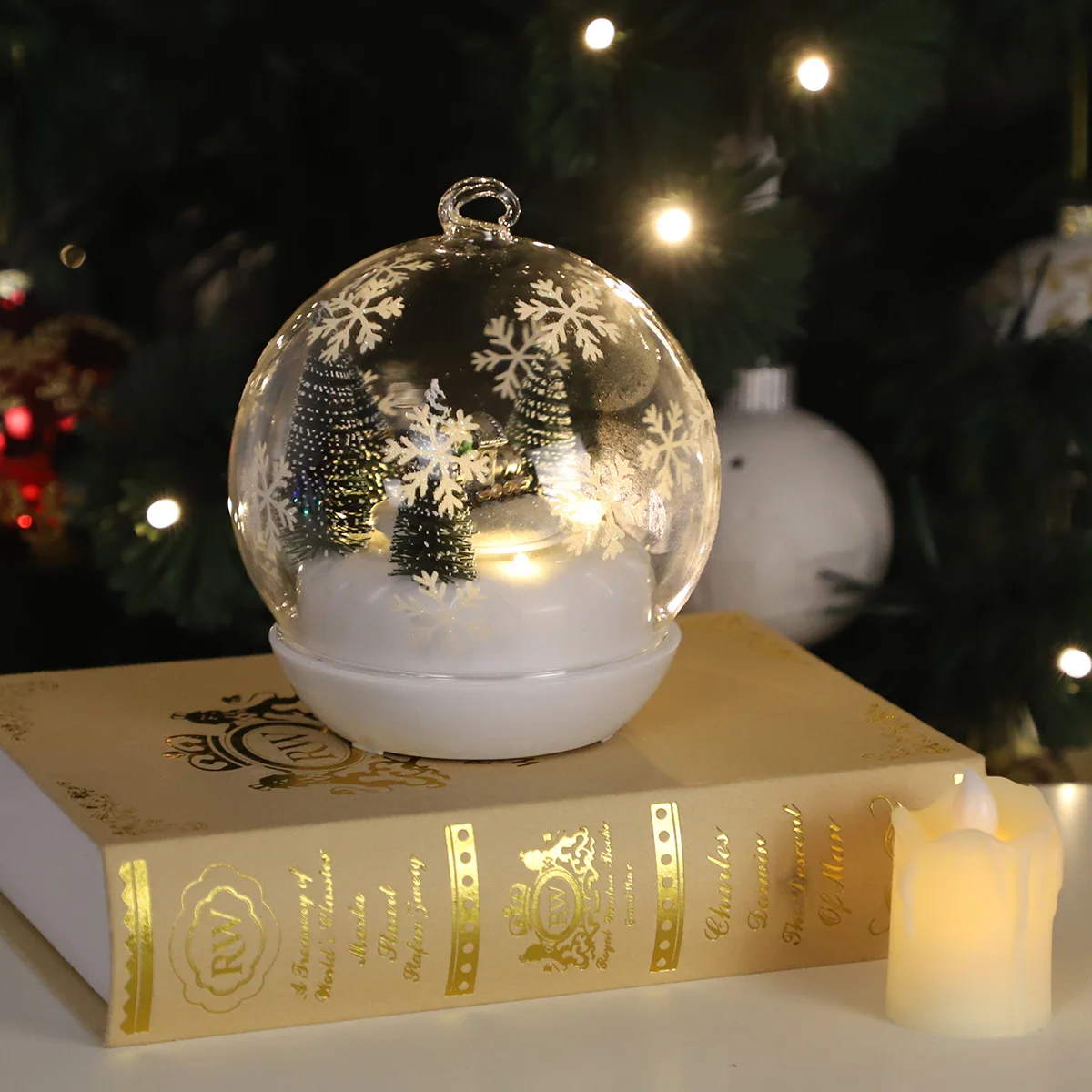 Rotating Christmas ornament bauble ball festive train house Scene LED Light Musical Rotate Animated Snow Globe Ball Decoration details