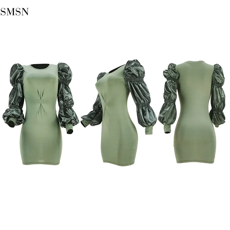 OSINA Latest Design Women Fashion Clothing Bodycon Dresses Ladies Women 2021 Puff Sleeve Dress Green Dress