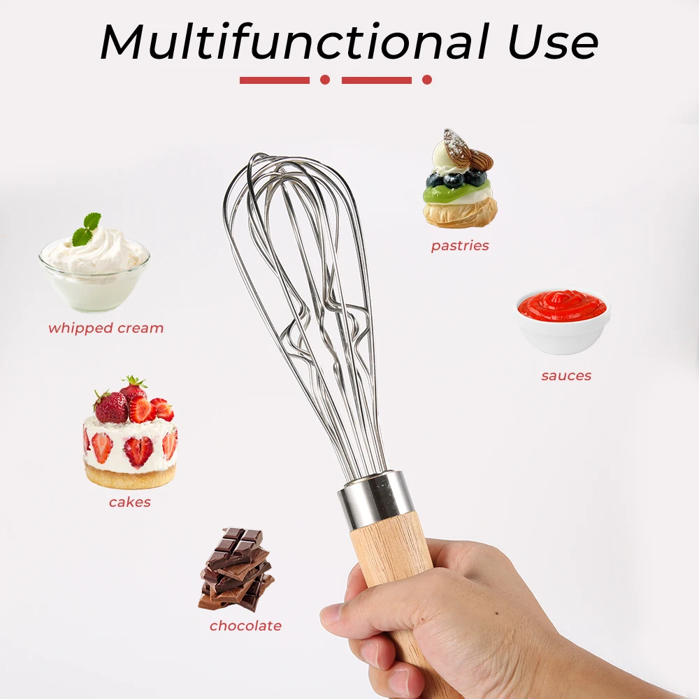 Multi-Function Stainless Steel Wire Egg Beater Non-Stick Kitchen Whisk Wooden Handle Whisking Frothing Stirring Batters Tool