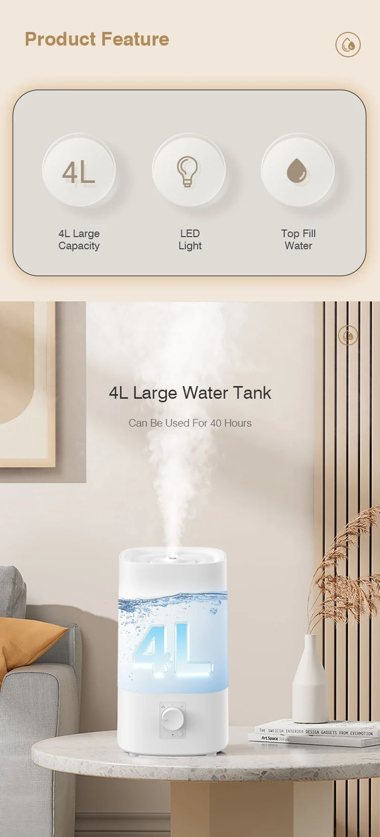 RUNAL 4L Large Capacity Top Fill Water Desk Cool Mist Maker Ultrasonic Air Humidifier for Bedroom