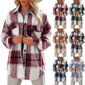 Plaid Flannel Drop Shoulder Shirts Jackets Shackets Casual Plus Size Two Pockets Shirt Coat Fall Women Shacket Jacket