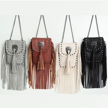 Genuine Leather Handbags Women's Boho Fringe Rivet Tassel Mobile Phone Bag Shoulder Messenger Crossbody Mini Purse For Women