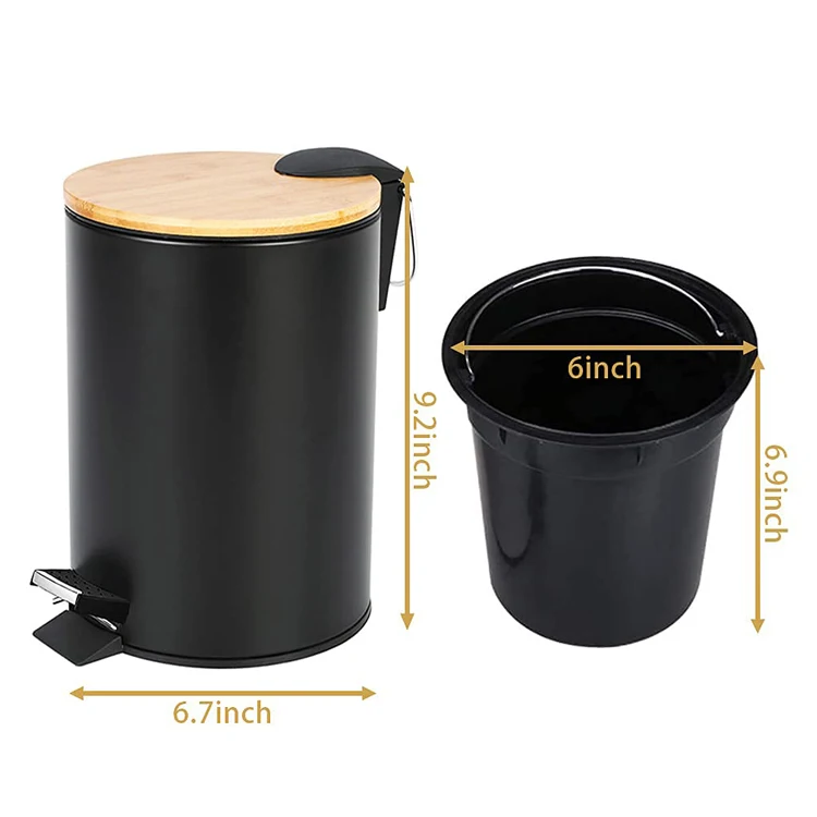 Small 5L Stainless Steel Garbage Bin Bamboo Cover  Kitchen Garbage Unique Bathroom Wooden Trash Can