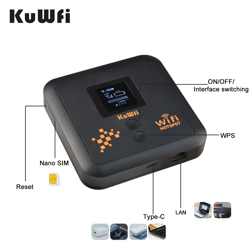 ESim+SIM Card KuWFi Router 4G+ CAT12 Speed 5400mAh Battery Wifi 4g Lte Enterprise Travel Router Modem Wi-fi Router with LAN Port