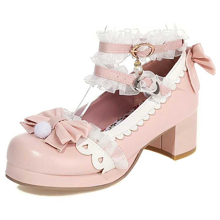 Zapatos De Lolita Para Mujer,Tacones De Encaje Con  Volantes,Cuentas,Lazo,Fiesta,Negro Y Rosa,Primavera Y Otoño - Buy Las  Mujeres Zapatos Lolita,De Fiesta,Zapatos De Mujer Zapatos Product on  Alibaba.com