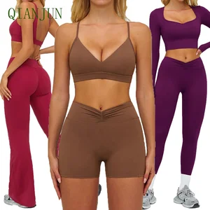 High Elastic Long Sleeve Crops Top Gym Fitness Yoga Tracksuit Set Y-Shaped Back Adjustable Shoulder Straps Yoga Suit