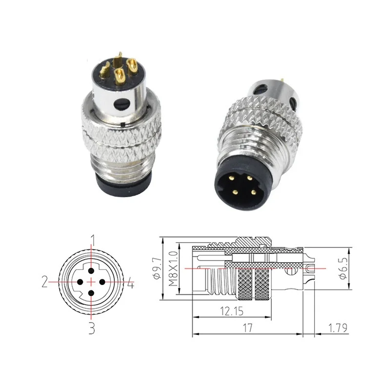 M8 Industrial Connectors Automotive Waterproof IP67 Solder Type Male Female 4 Pin D Code Modable 60V 4A Connector Plug