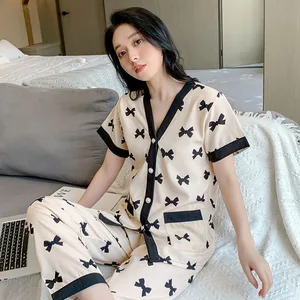 Summer Satin Woman's Sleepwear Short Sleeve Kimono Collar Shirts Pants 2 Piece Set Pyjamas Soft Silk Homemade Nightwear Pajamas
