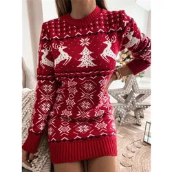 JY-2125 Reindeer Snowflake Christmas Dress Pullover Crewneck Ugly Christmas Sweater Women