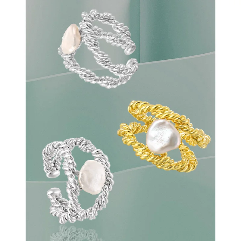 Korean Minority Temperament Simple Double-layer Fried Dough Twists Rope Inlaid Baroque Pearl S925 Sterling Silver Ring Female