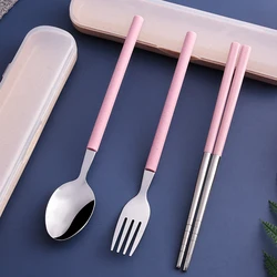 Flatware Student Office  Stainless Steel Spoon Fork Knife Set Wheat Straw Round handle Plastic Box  flatware stainless