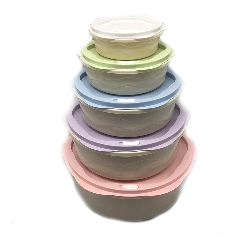 Set of 5  Macaron Color Microwavable Plastic Food Containers Bowls Storage Lunch Boxes Multi Size Round Containers with  Lids