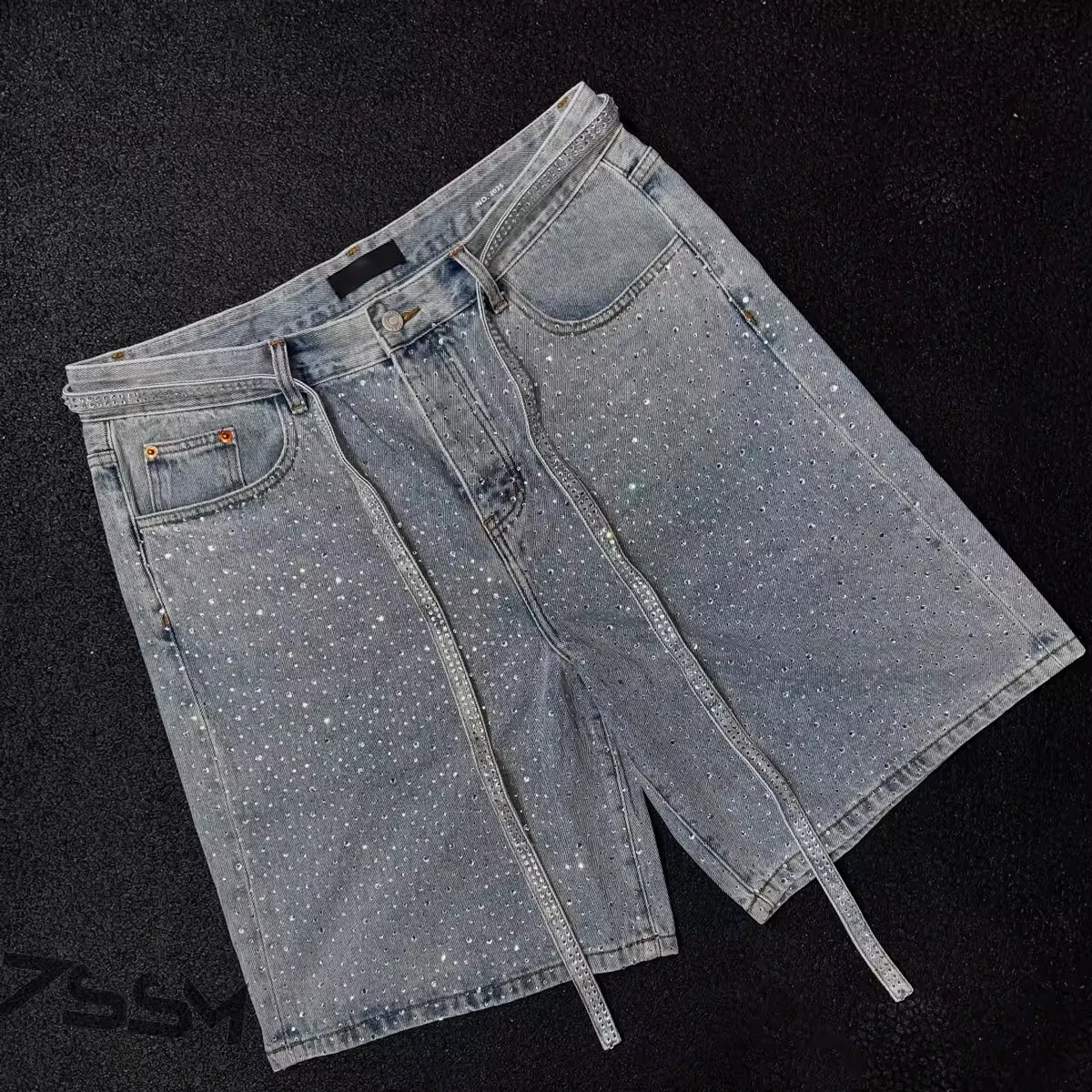 Best-Selling Custom Wholesale Y2K Men's High Baggy Oversized Denim Jorts Shiny Rhinestone Washed Stylish Streetwear Jorts Men gallery 2