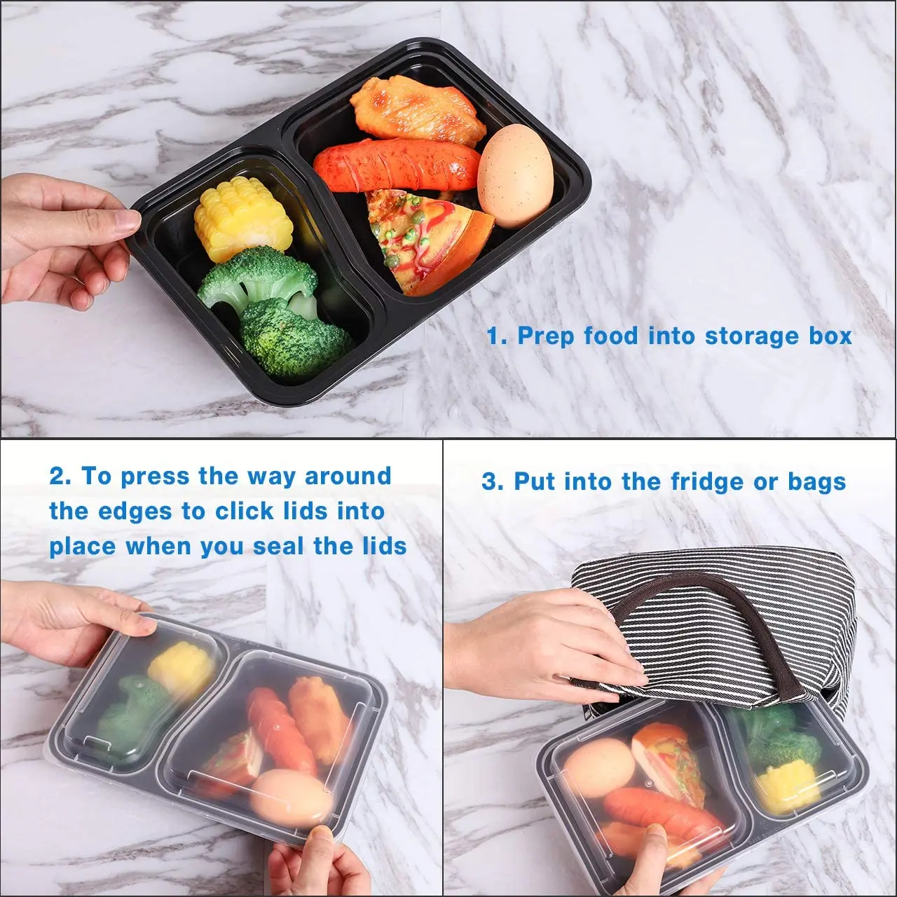 Food Storage Containers Bento Box Meal Prep Containers with Lids Microwave Plastic 3 Compartment 28 Oz Take Away Food Container
