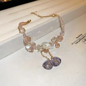 Pastel Crystal Beaded Bracelet with Flower Purple Pendant Elegant Gold Plated Chain Adjustable for Women Daily Party Fashion