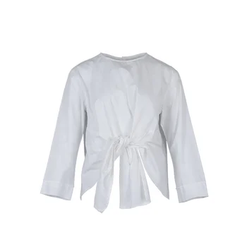 O-Neck fancy designs women 100% cotton white plain crop long sleeve blouse with bow