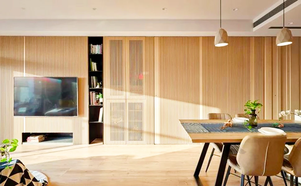 Modern 3D White Oak Fluted Acoustic Wood Slat Wall Panel Sound Absorbing Interior Wall Decor for Hotel & Hospital Ceiling Wall details