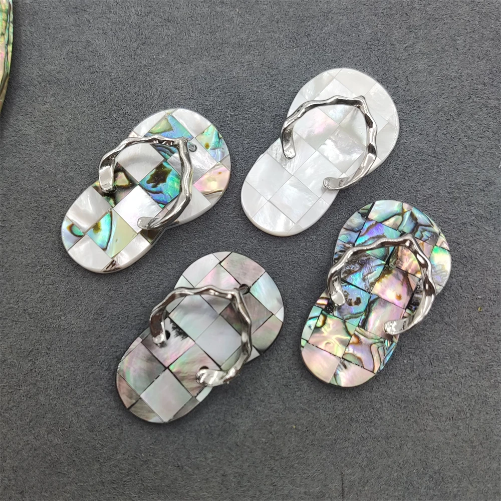 Boho Jewelry Flip Flops Black Shell Pendant Abalone Seashell White Gems Charms Silver Plated Slipper for Unisex Necklace Making